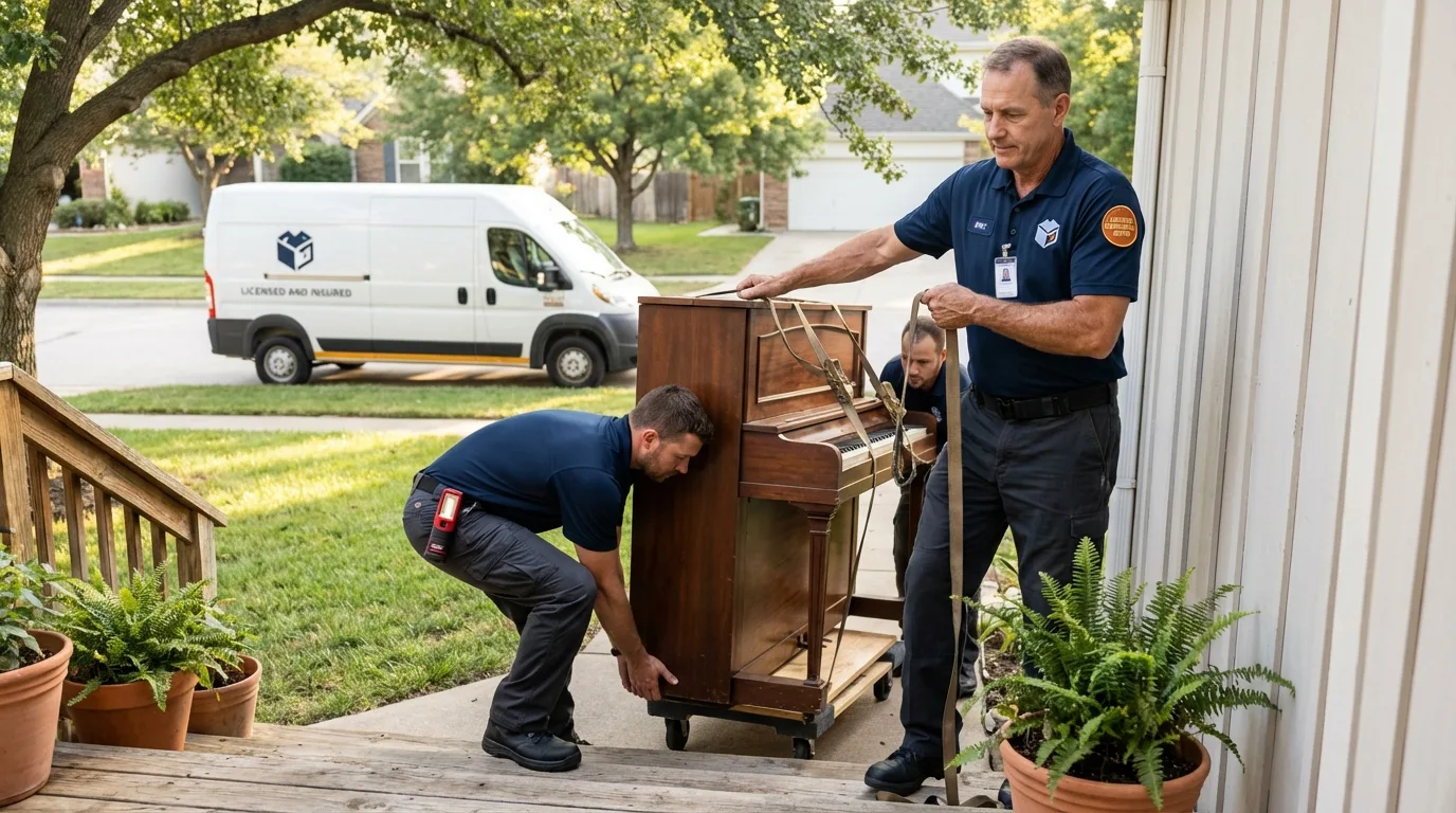 Licensed piano movers securing grand piano in Norton, KS