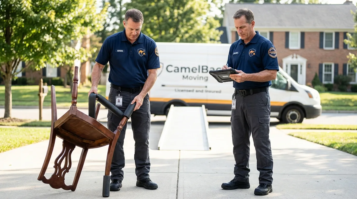 Movers inspecting furniture for damage prevention before loading in Norton, KS